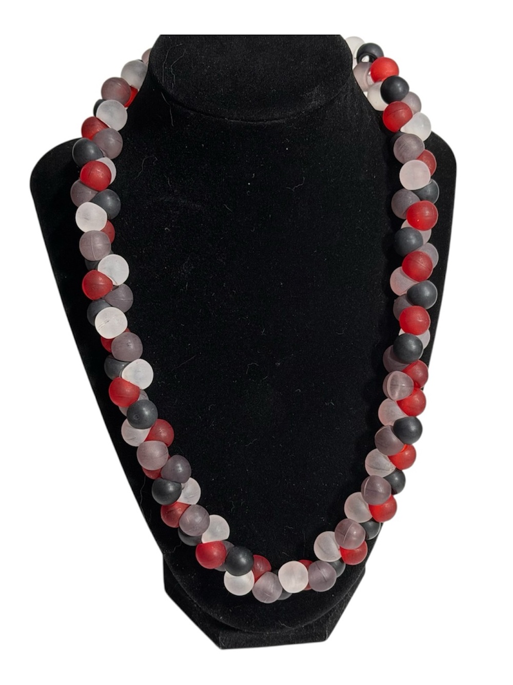 Frosted Matte Bubble Beaded Necklace Red Black Gray 22 inch
